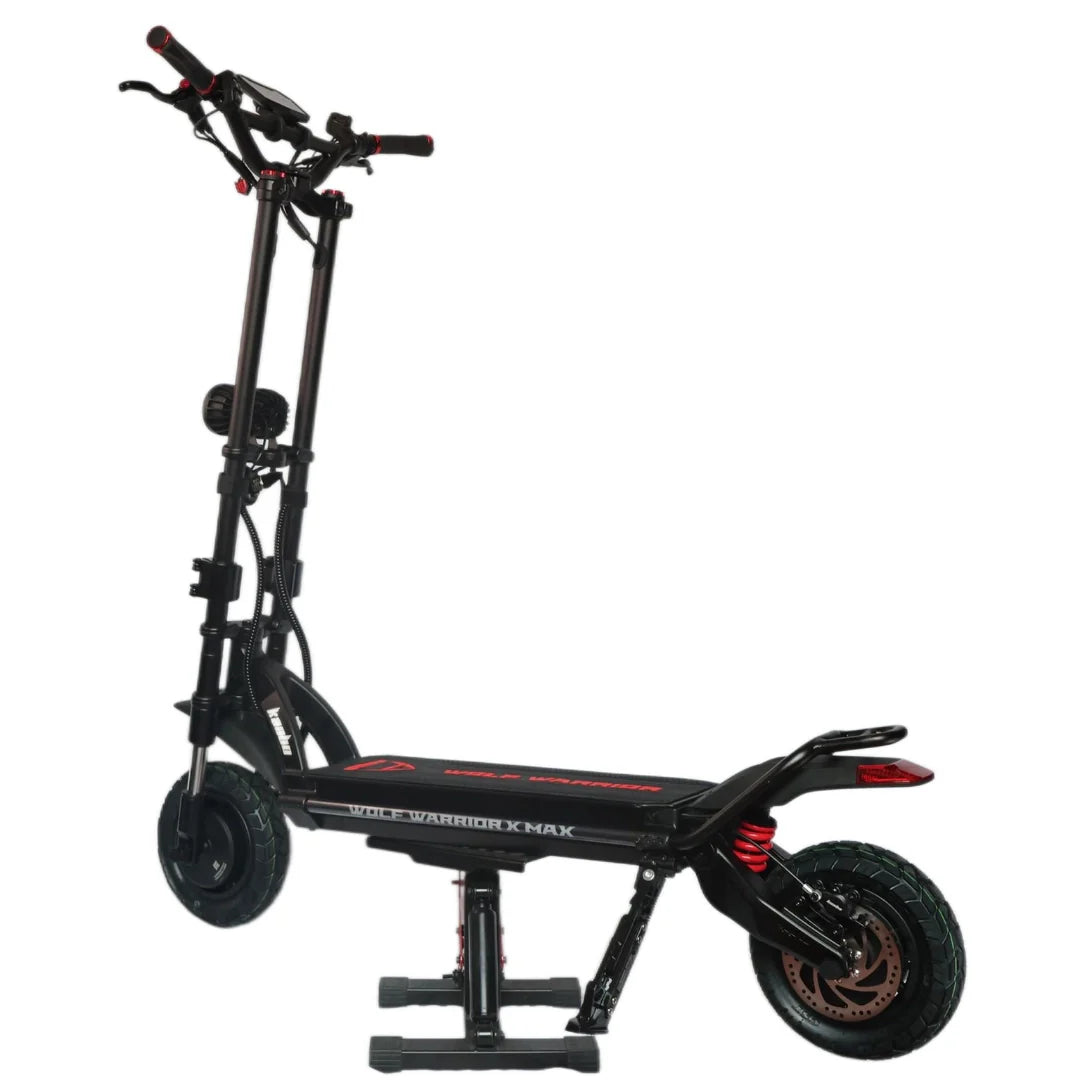 Electric scooter Kaabo Wolf Warrior X MAX – front three-quarter view on stand