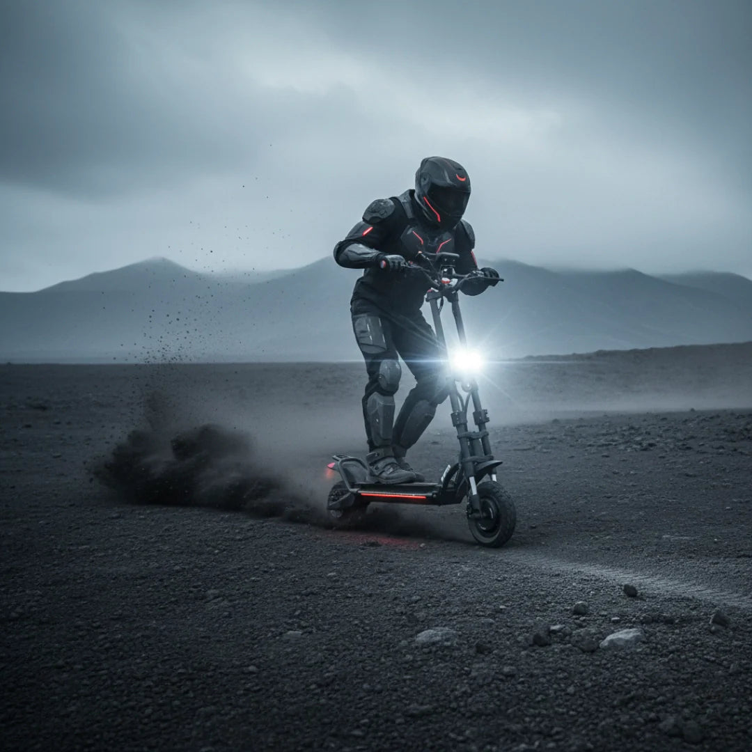 Electric scooter Kaabo Wolf Warrior X MAX – rider on scooter kicking up dust