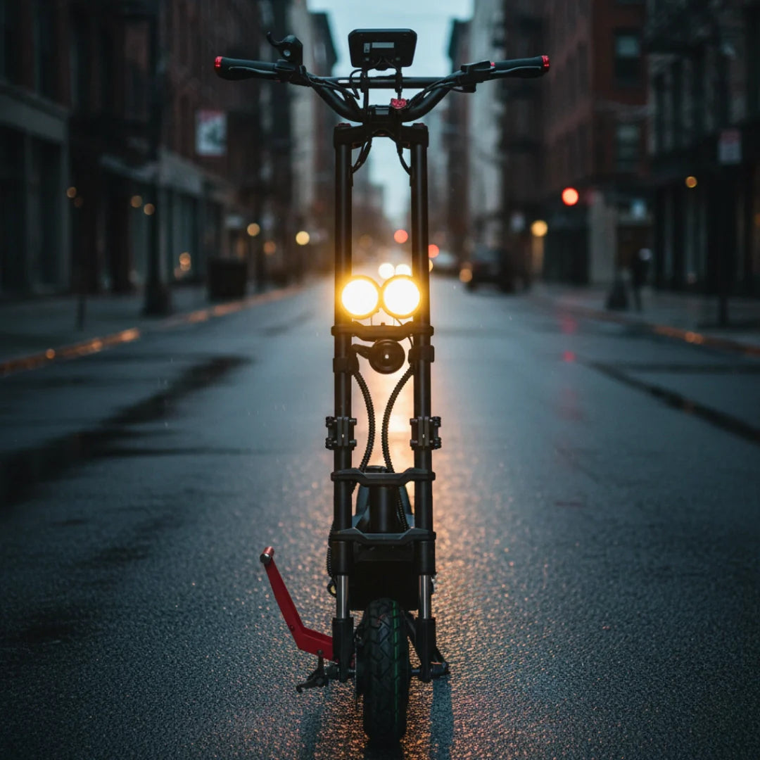 Electric scooter Kaabo Wolf Warrior X MAX – front view with headlights on