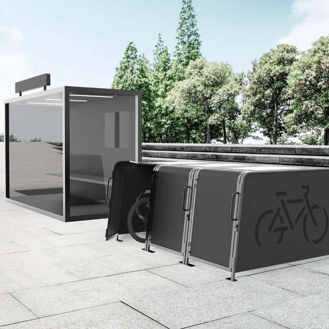 Kaluu CITY BOX | Charging station and locker for E-bike – locker next to a glass shelter