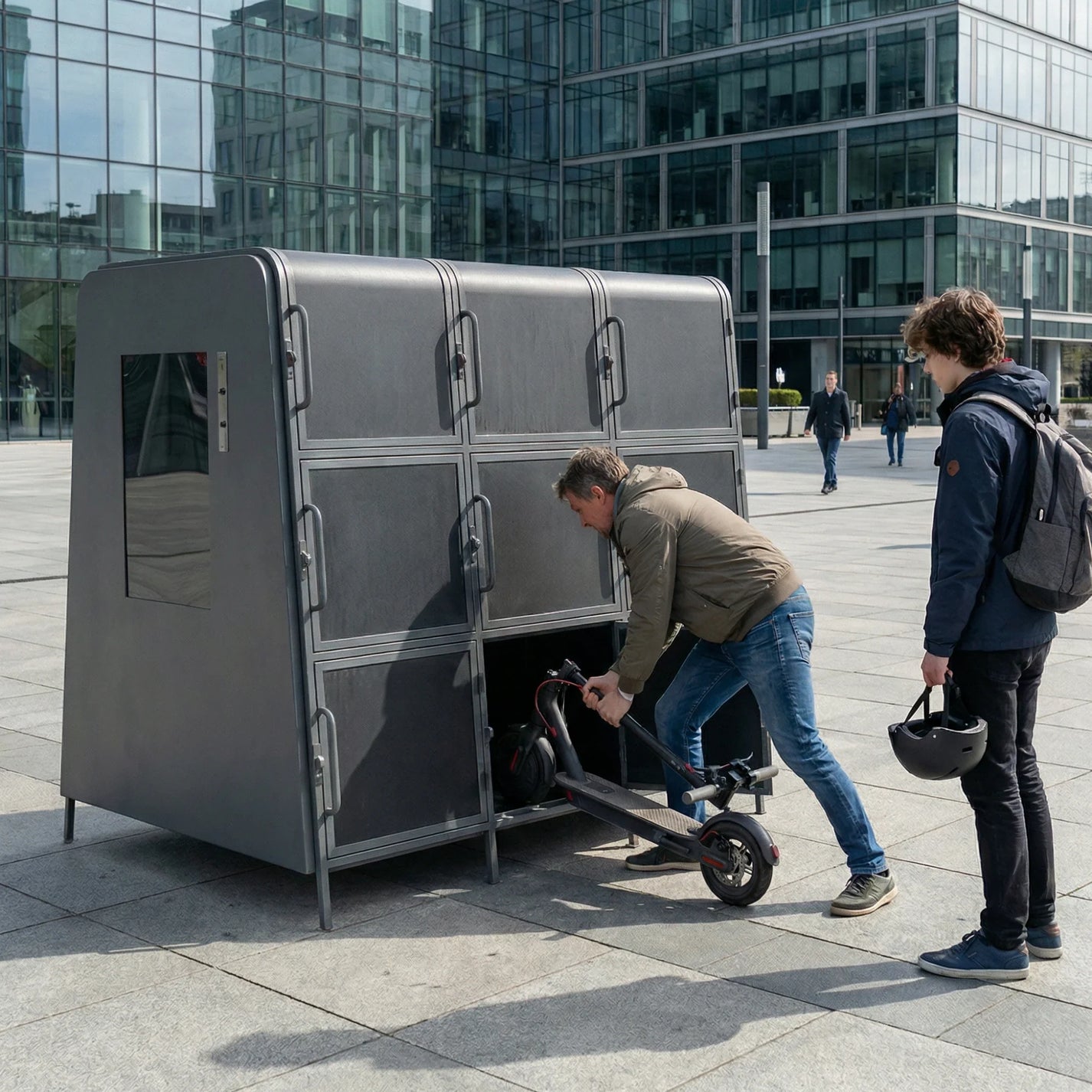 Kaluu E-SCOOTER BOX charging locker – man putting scooter into locker in city square