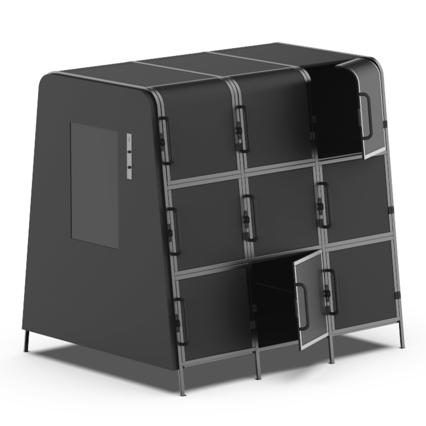 Kaluu E-SCOOTER BOX charging locker – front three-quarter view, two doors open