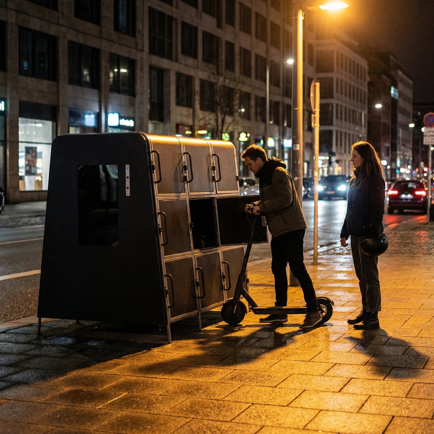 Kaluu E-SCOOTER BOX charging locker – man putting scooter into locker at night