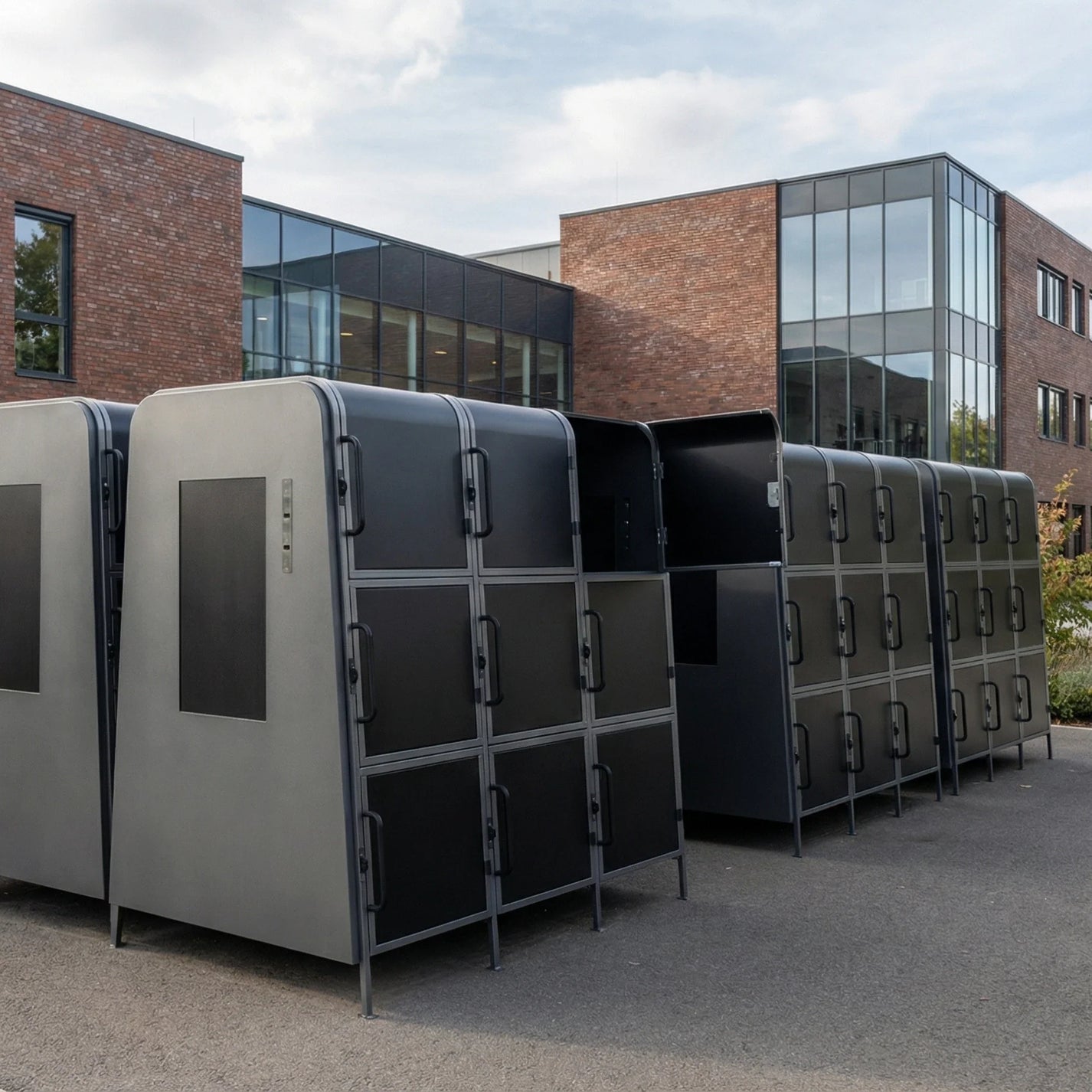 Kaluu E-SCOOTER BOX charging locker – multiple lockers outside a modern building