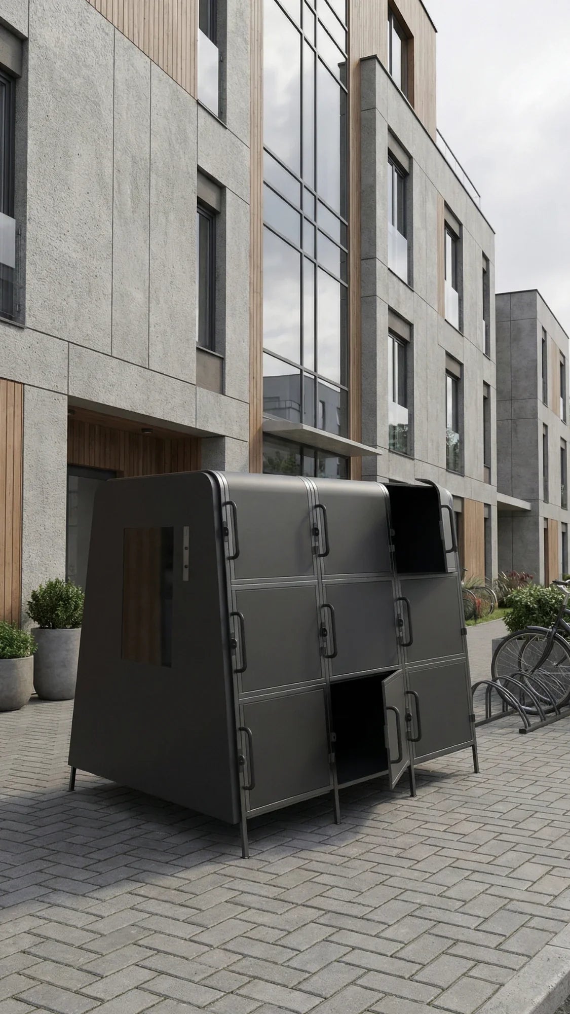 Kaluu E-SCOOTER BOX charging locker – urban setting, two doors open