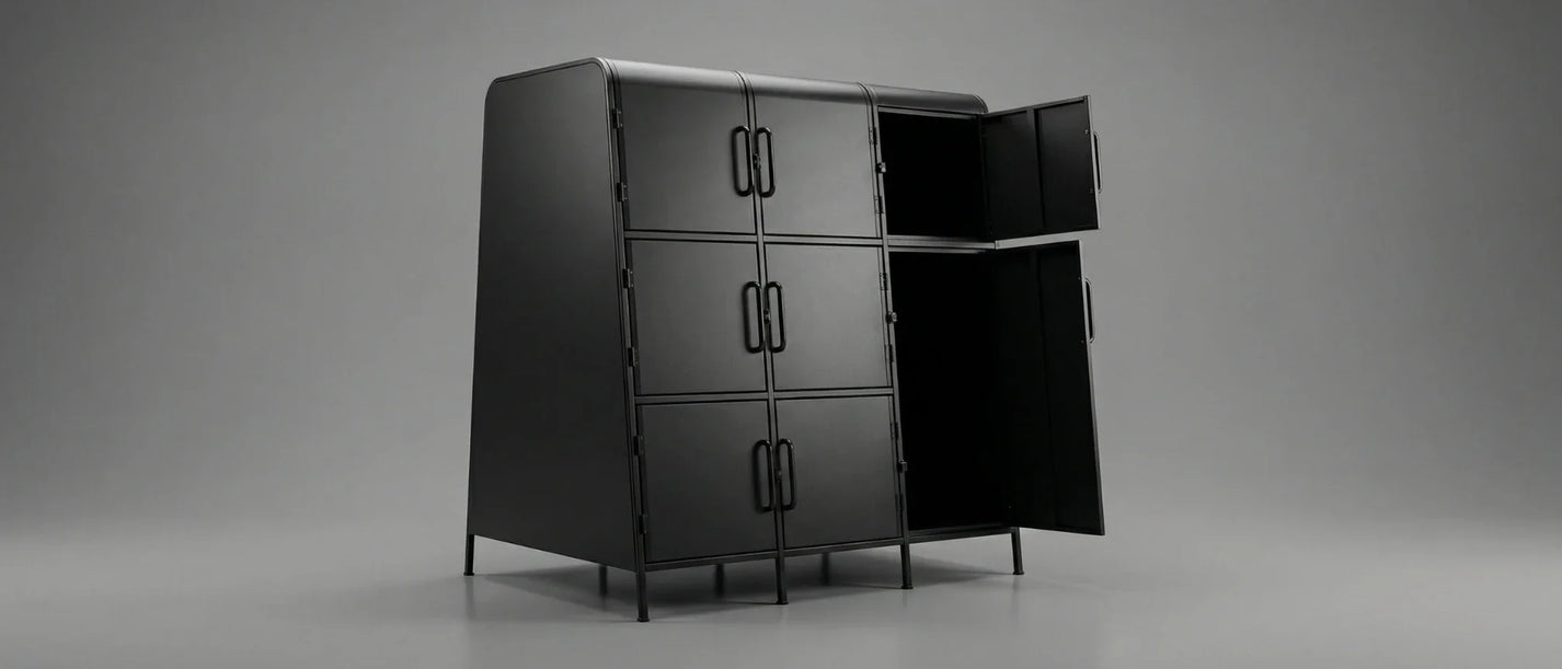 Kaluu E-SCOOTER BOX charging locker – front three-quarter view, two doors open