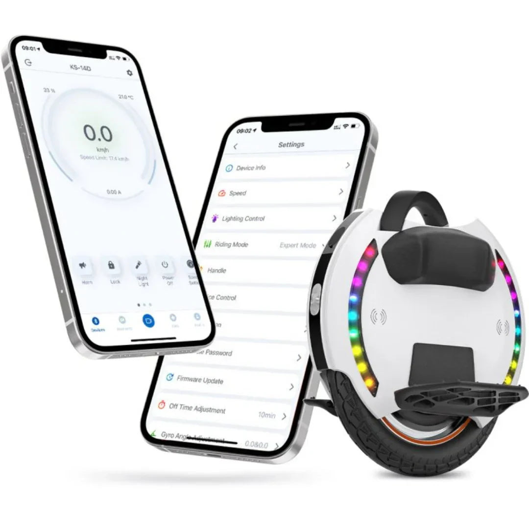 Electric unicycle KingSong 14D – white colour variant, two phones showing app