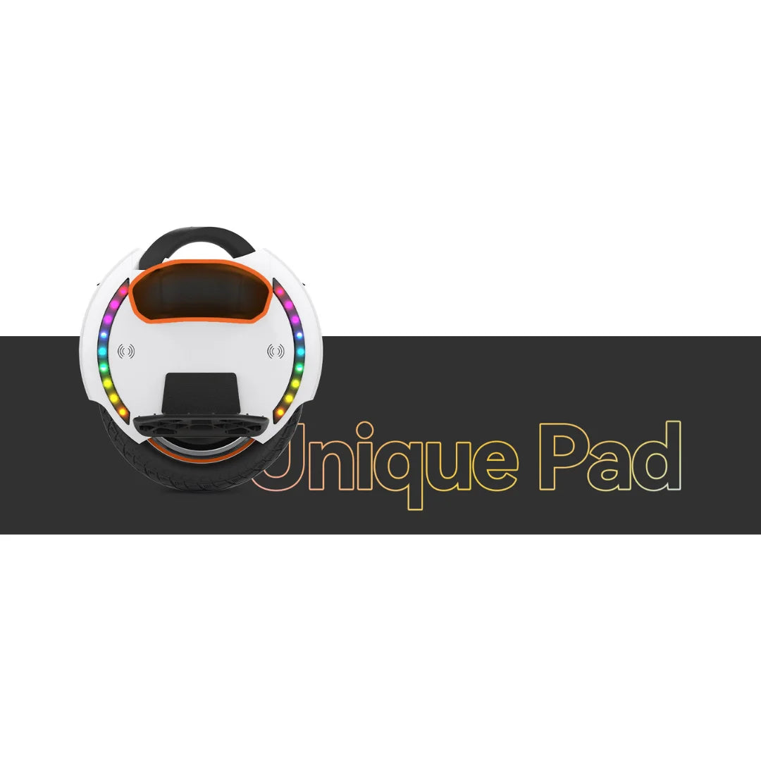 Electric Unicycle Kingsong 14d features a sleek design with vibrant LED lights and a comfortable pad.