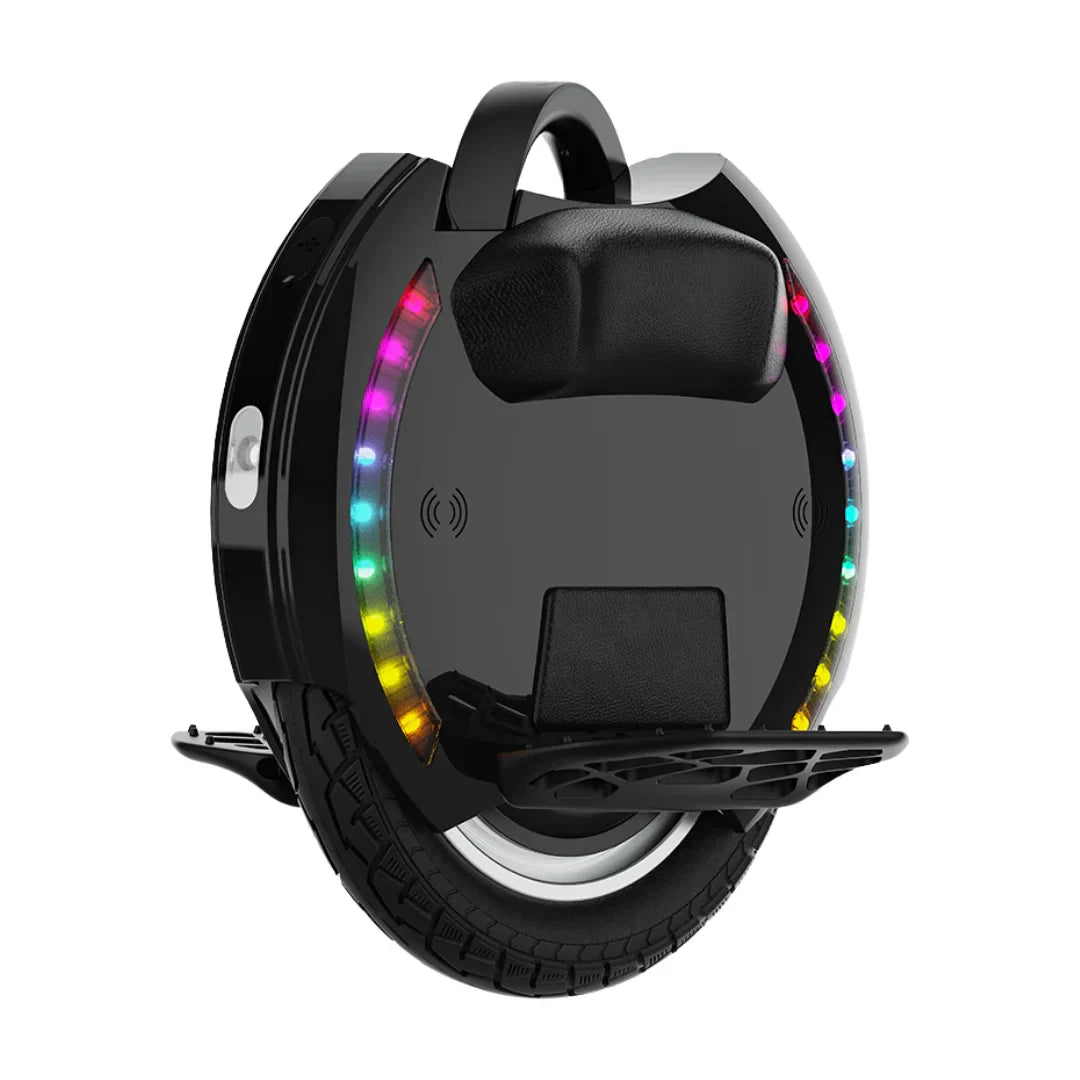 Electric Unicycle Kingsong 14d features a sleek black design, colorful LED lights, and a sturdy tire.