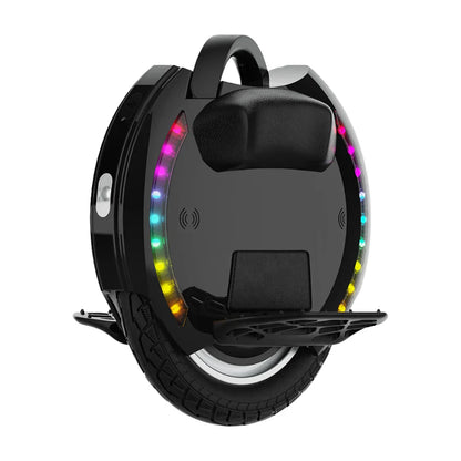 Electric Unicycle Kingsong 14d features a sleek black design, colorful LED lights, and a sturdy tire.
