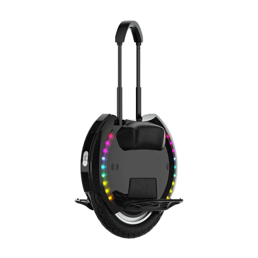 Electric Unicycle Kingsong 14d features a sleek black design, colorful LED lights, and a sturdy handle.