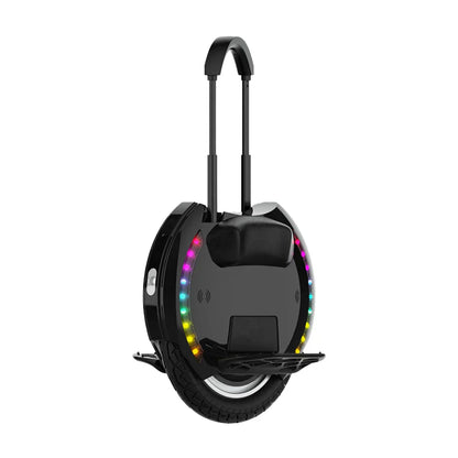 Electric Unicycle Kingsong 14d features a sleek black design, colorful LED lights, and a sturdy handle.