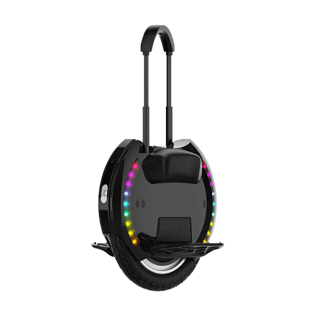 Electric unicycle KingSong 14D – front three-quarter view, extended trolley handle