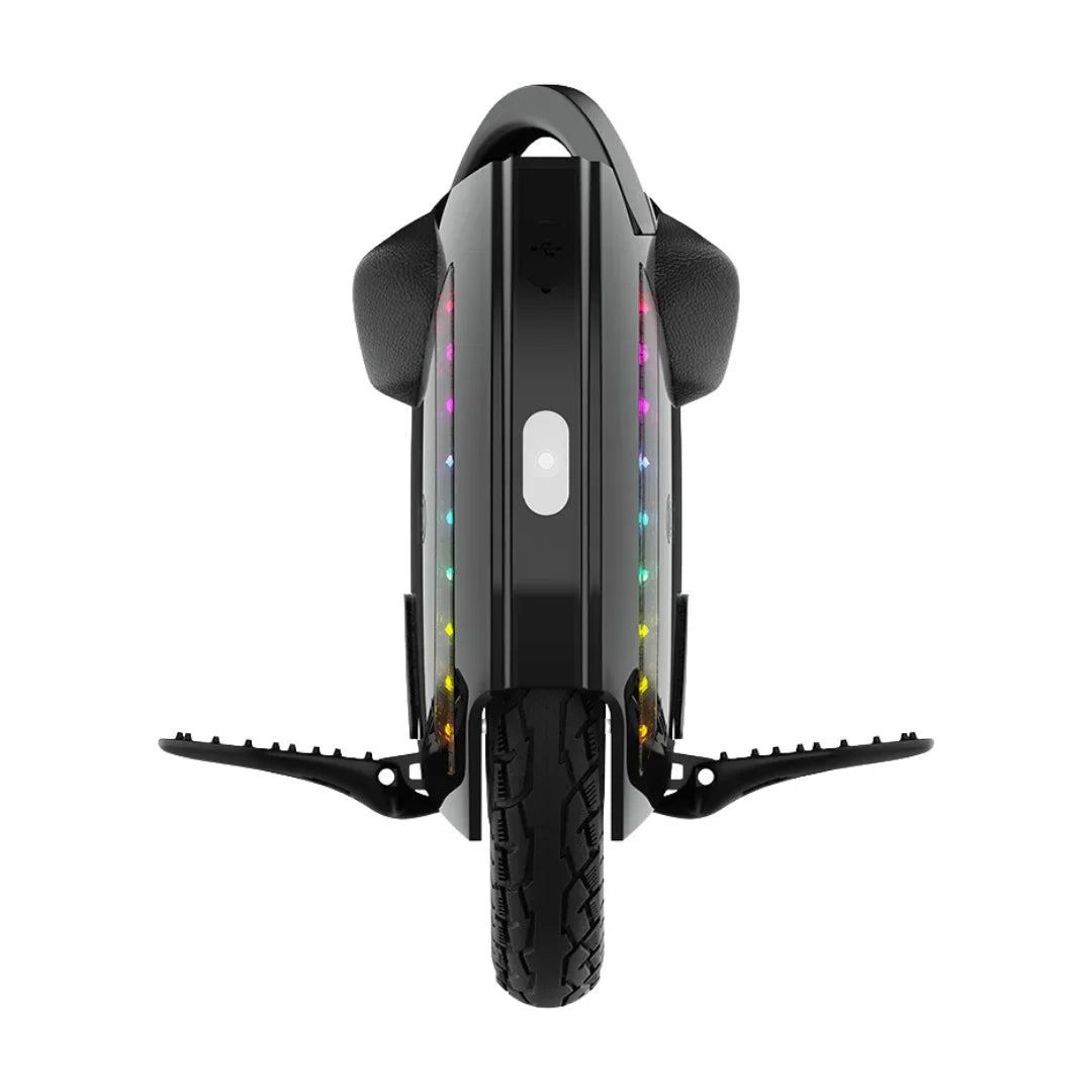 Electric Unicycle Kingsong 14d features a sleek design with colorful LED lights and textured footrests.