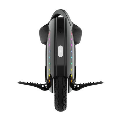 Electric Unicycle Kingsong 14d features a sleek design with colorful LED lights and textured footrests.