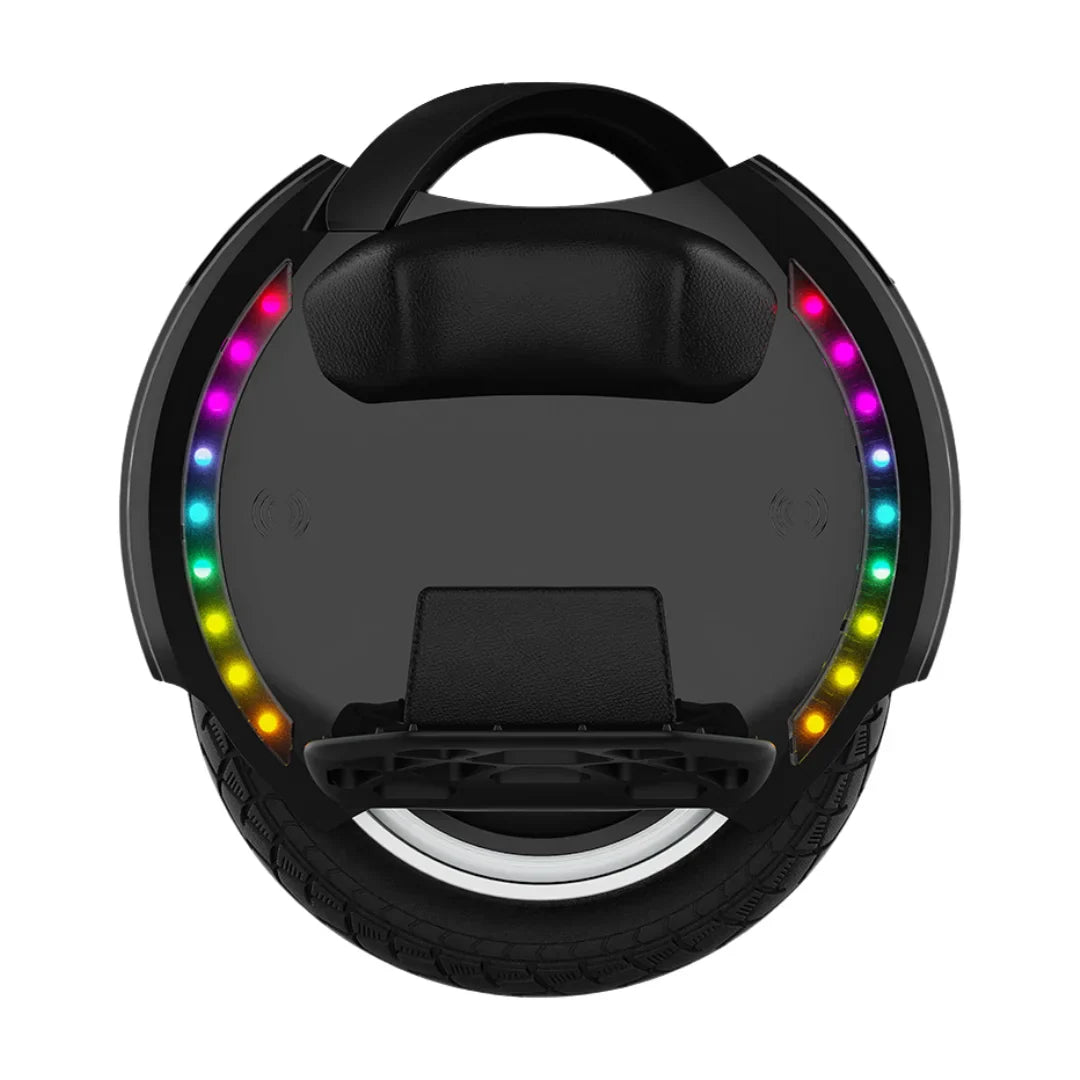 Electric Unicycle Kingsong 14d features a sleek, compact design with a comfortable handle, vibrant LED lights, and durable tire.