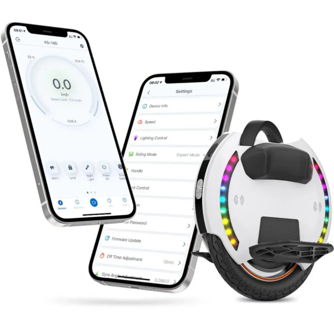 Electric Unicycle Kingsong 14m, includes a sleek design with LED lights, and is controlled via a mobile app.