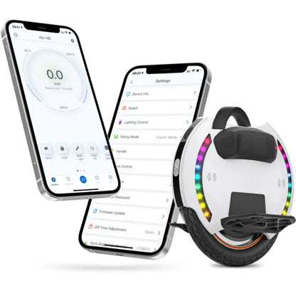 Electric Unicycle Kingsong 14m, includes a sleek design with LED lights, and is controlled via a mobile app.