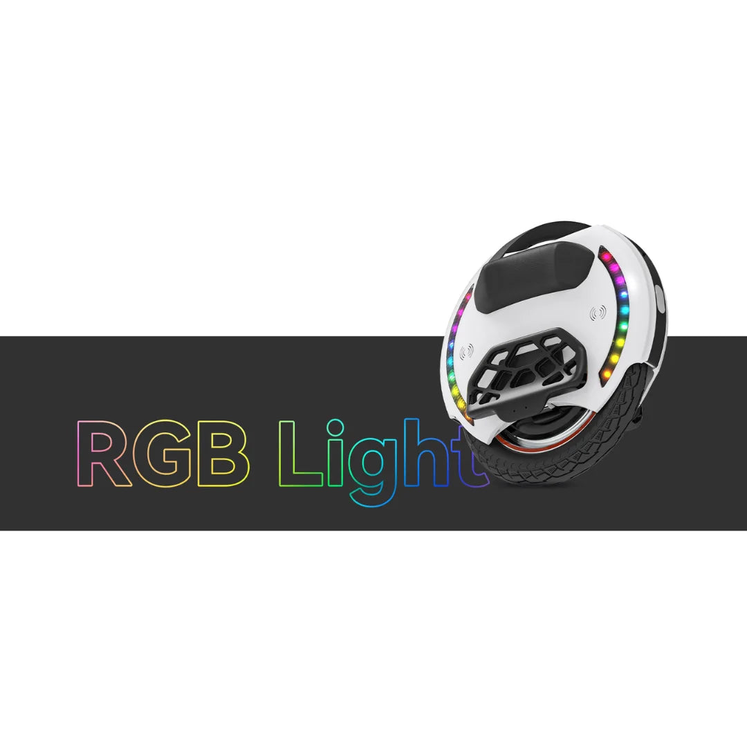 Electric Unicycle Kingsong 14m features vibrant RGB lights, sleek design, and durable tire for smooth rides.