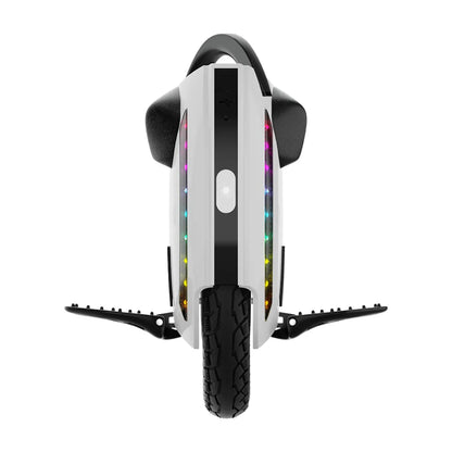 Electric Unicycle Kingsong 14m features a sleek design with colorful LED lights, a robust tire, and side footrests.