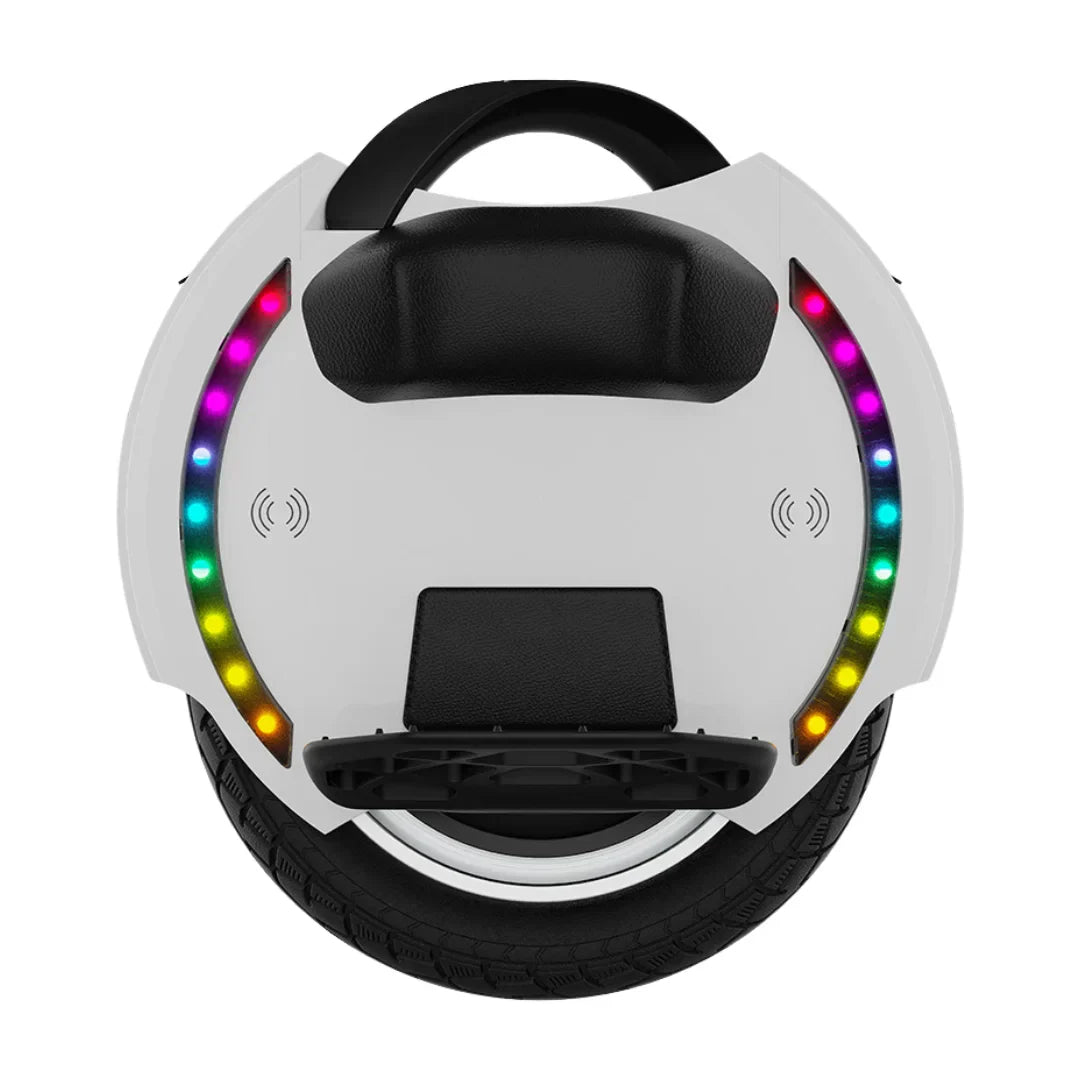 Electric Unicycle Kingsong 14m, sleek design with vibrant LED lights, comfortable grip and sturdy tire.