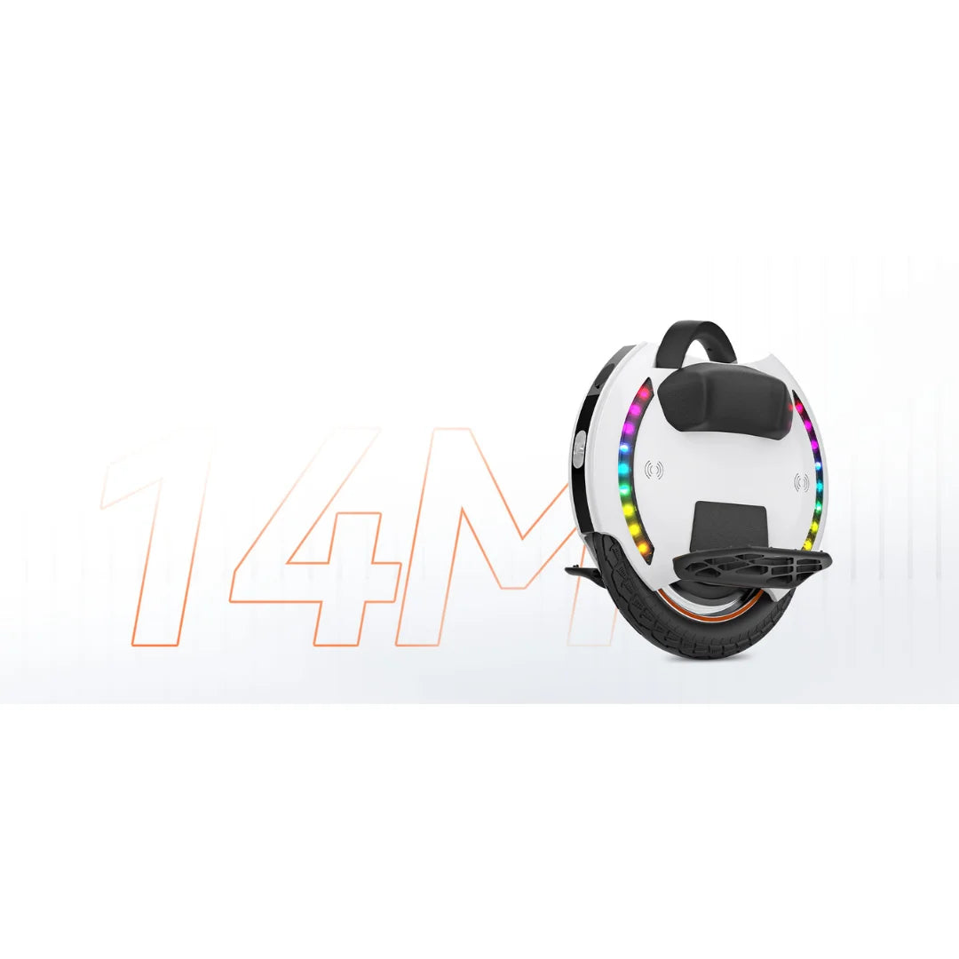 Electric Unicycle Kingsong 14m features a sleek design with colorful LED lights and a sturdy tire for stability.
