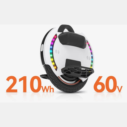 Electric Unicycle Kingsong 14m features a sleek white design, colorful LED lights, 210wh battery, and 60v power.