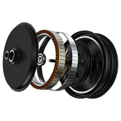 Electric Unicycle Kingsong 14m, showcasing a detailed exploded view of its core components and motor design.