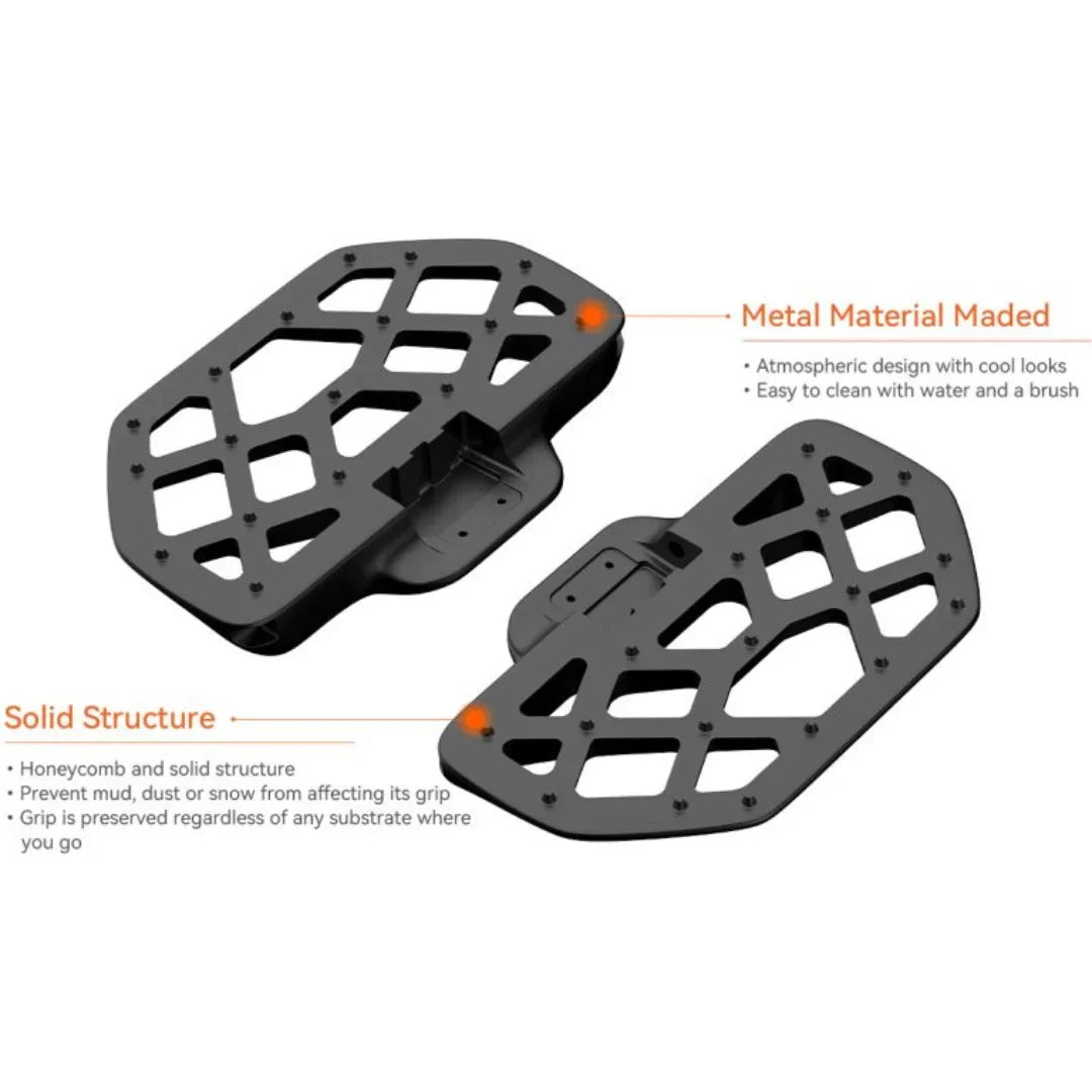 Electric Unicycle Kingsong 14m features sturdy honeycomb pedals, made from metal, with an eye-catching design.