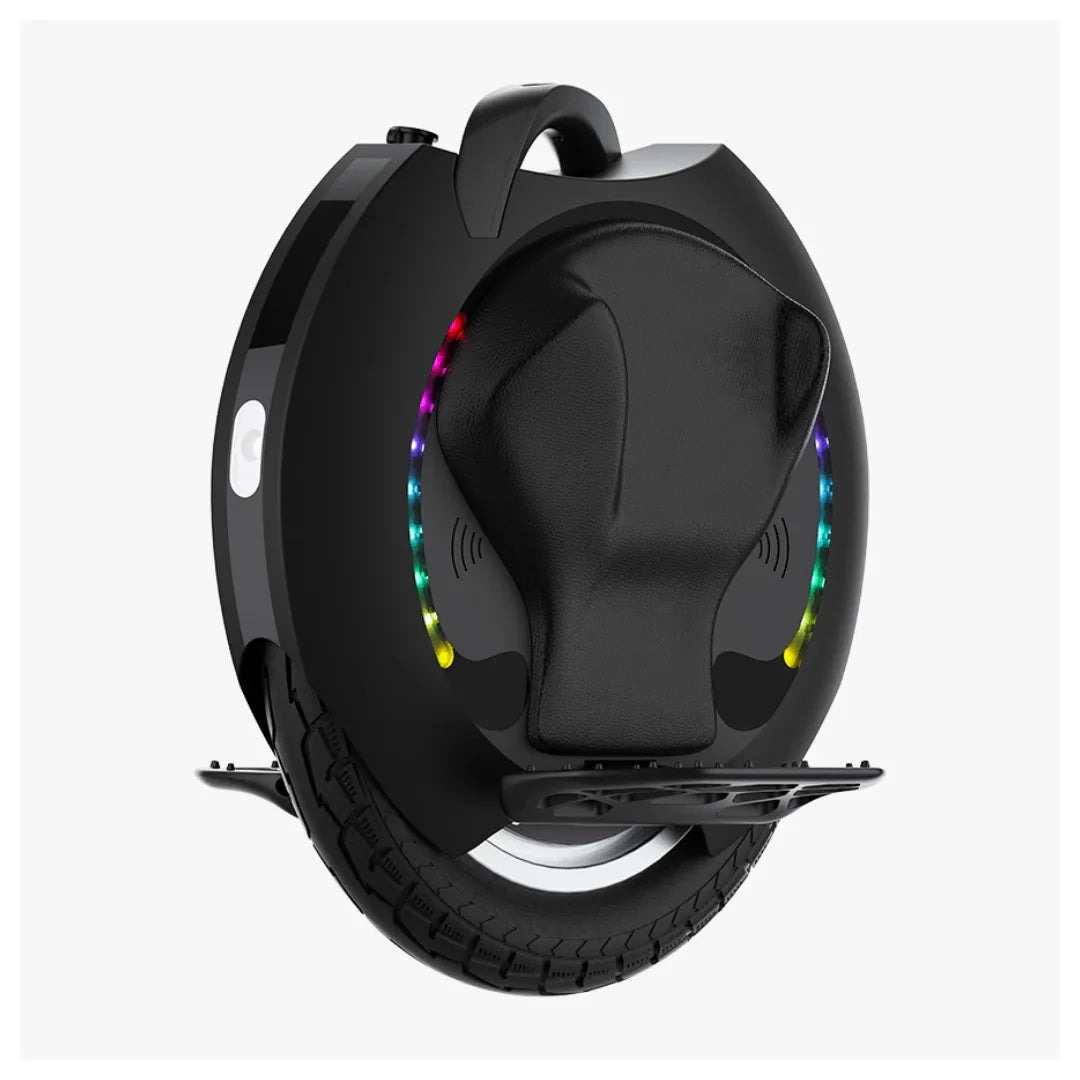 Electric Unicycle Kingsong 16s features a sleek black design, colorful LED lights, and a robust tire for stability.