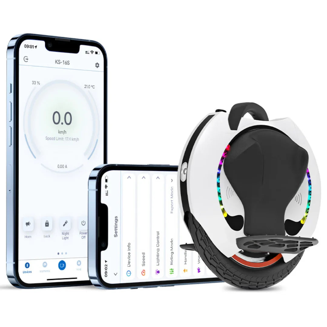 Electric Unicycle Kingsong 16s features a sleek design, paired with a smartphone app for real-time monitoring.