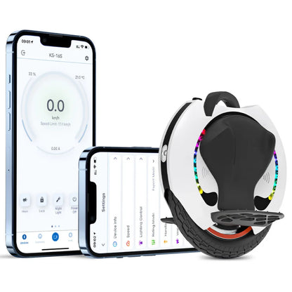 Electric Unicycle Kingsong 16s features a sleek design, paired with a smartphone app for real-time monitoring.