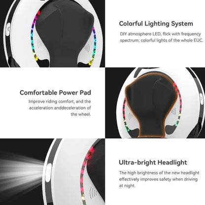 Electric Unicycle Kingsong 16s features colorful LED lighting, a comfortable power pad for better riding, and an ultra-bright headlight.