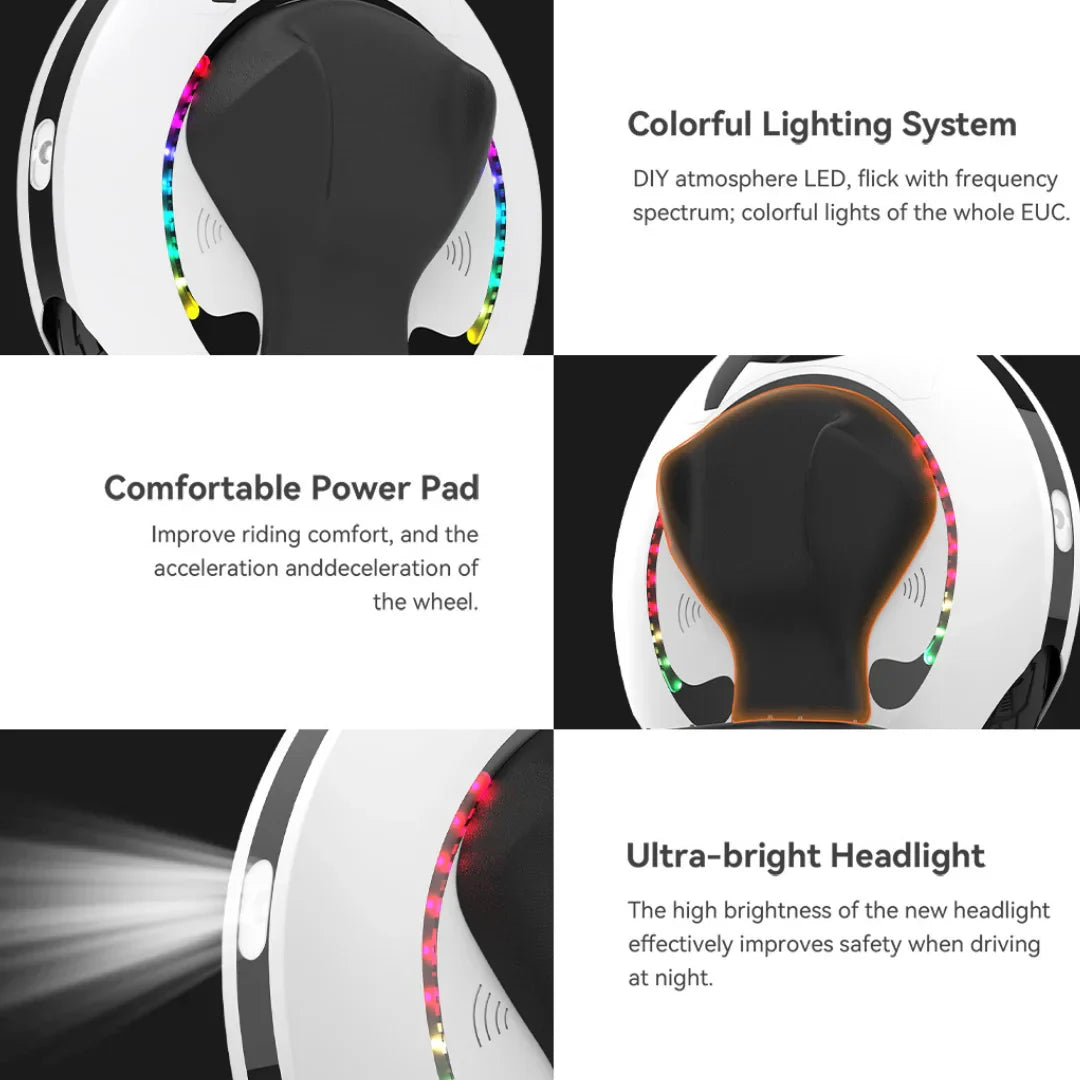 Electric unicycle KingSong 16S – close-up of lighting, power pad, headlight