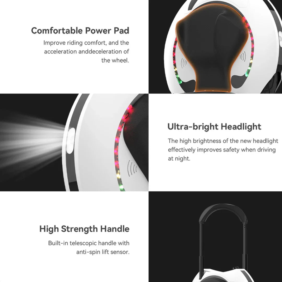 Electric Unicycle Kingsong 16s features a comfortable power pad, ultra-bright headlight, and high-strength handle.
