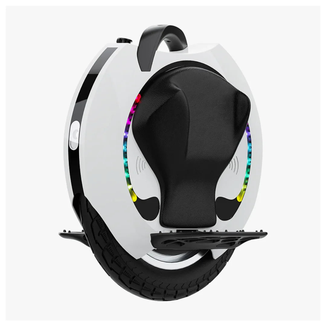 Electric Unicycle Kingsong 16s features a sleek white design, vibrant LED lights, and a comfortable seat.
