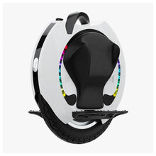 Electric Unicycle Kingsong 16s features a sleek white design, vibrant LED lights, and a comfortable seat.