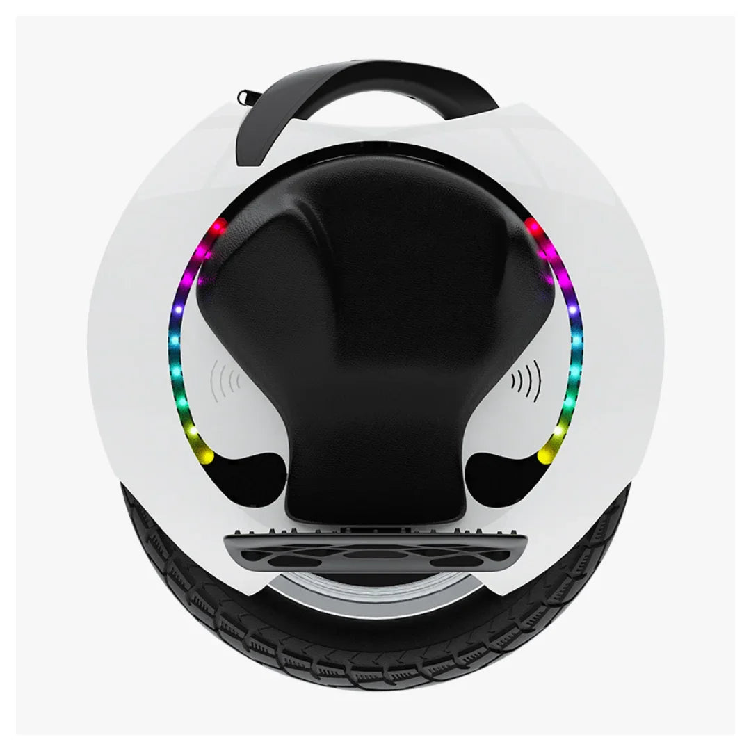 Electric Unicycle Kingsong 16s features a sleek design, colorful LED lights, and comfortable footrests.