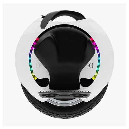 Electric Unicycle Kingsong 16s features a sleek design, colorful LED lights, and comfortable footrests.