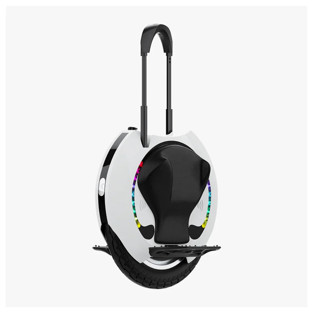 Electric Unicycle Kingsong 16s features a sleek design, vibrant LED lights, and a comfortable seat.