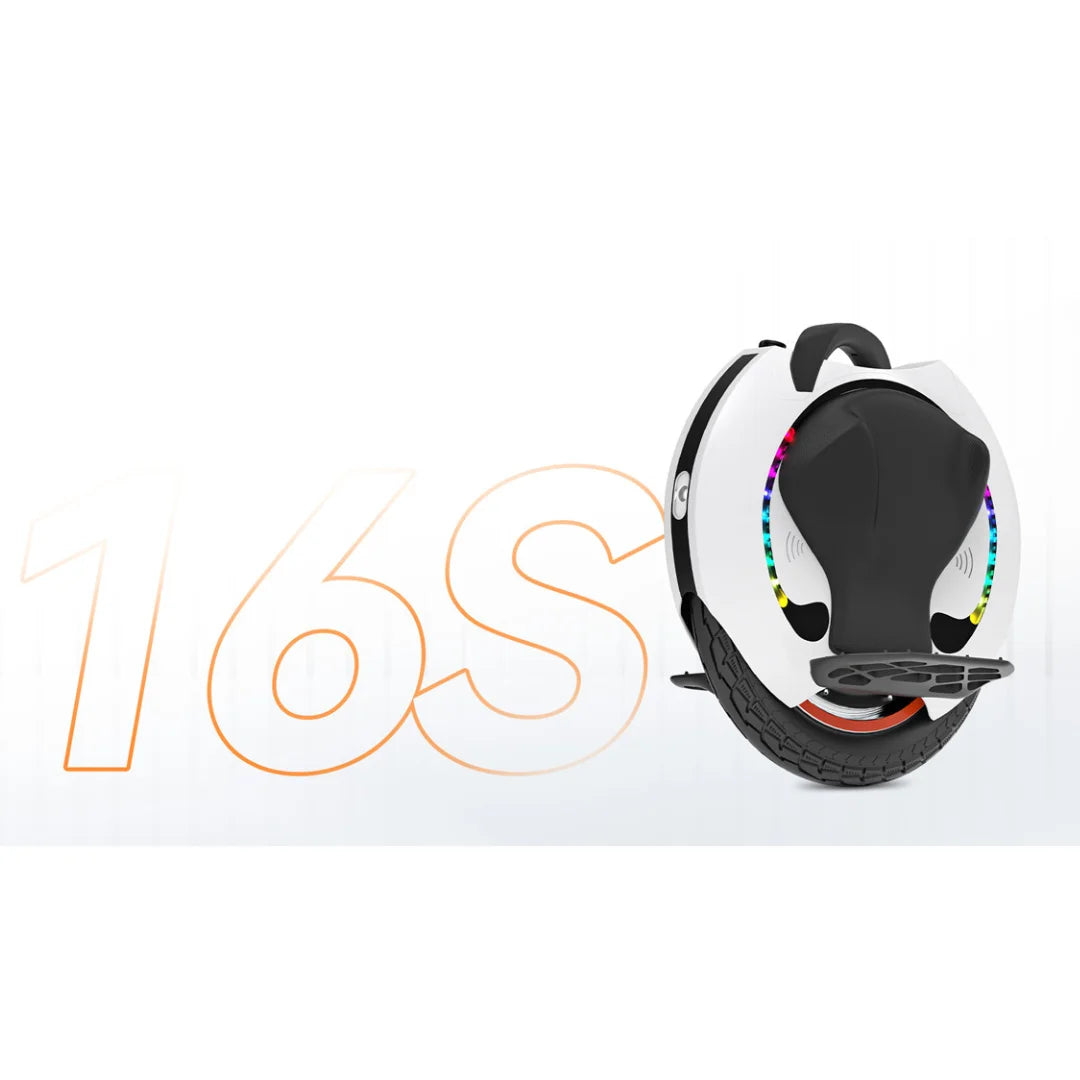 Electric Unicycle Kingsong 16s features a sleek design, vibrant LED lights, and sturdy tire for smooth rides.