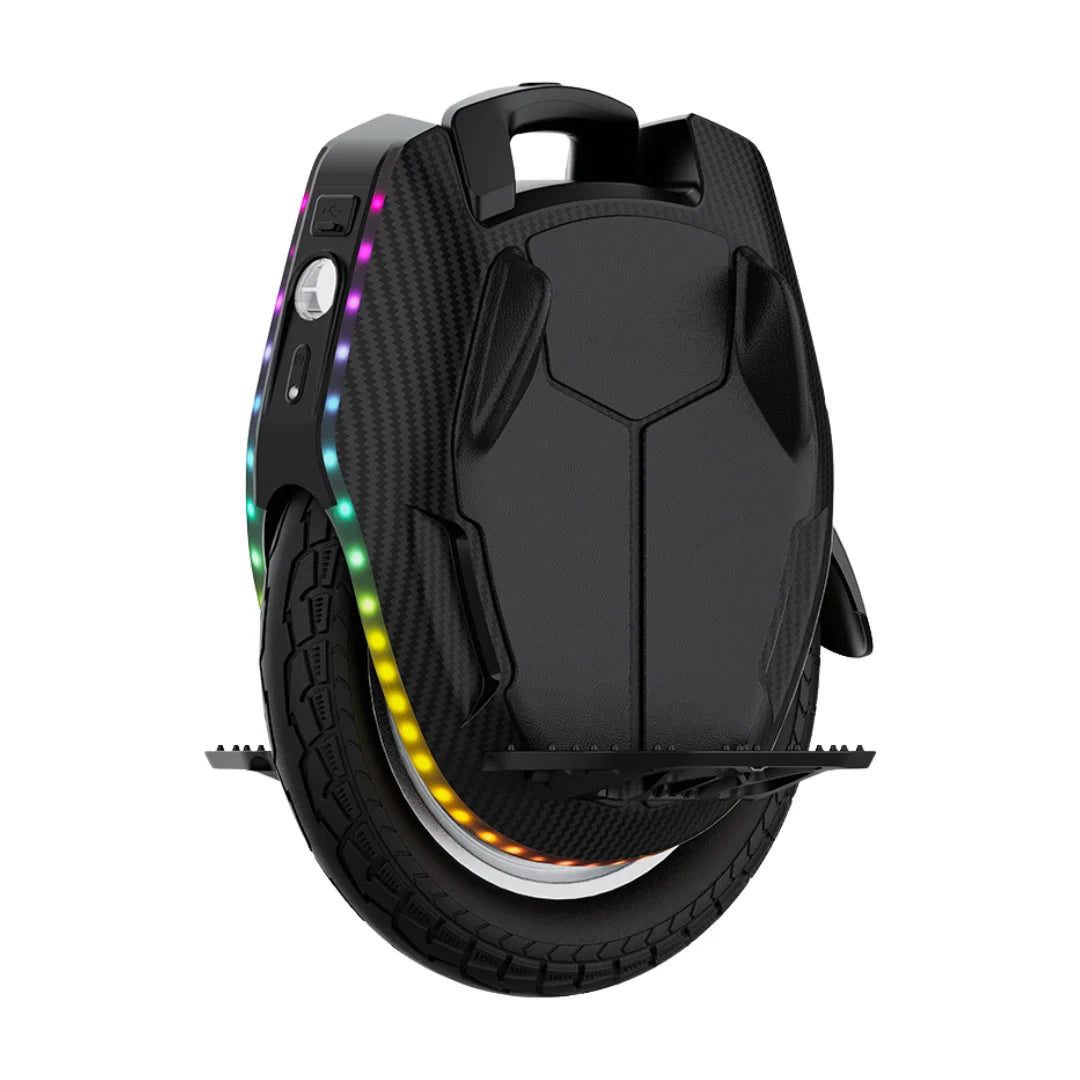 Electric Unicycle Kingsong 16x features a sleek design, vibrant LED lights, and a sturdy wheel for smooth rides.