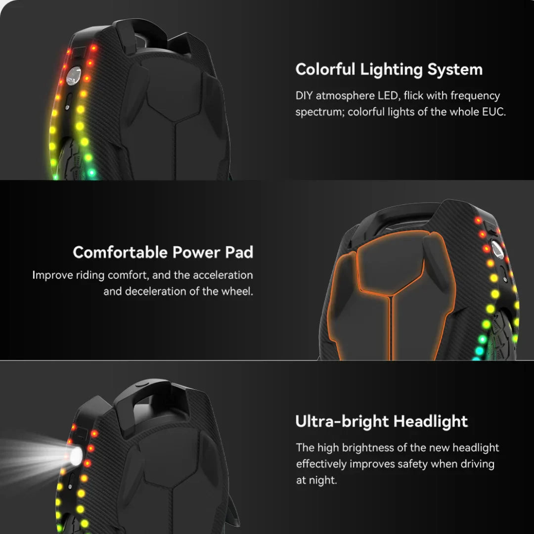 Electric Unicycle Kingsong 16x features a colorful lighting system, comfortable power pad, and ultra-bright headlight.