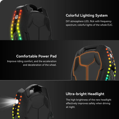 Electric Unicycle Kingsong 16x features a colorful lighting system, comfortable power pad, and ultra-bright headlight.