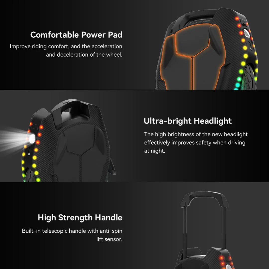 Electric Unicycle Kingsong 16x features a comfortable power pad, ultra-bright headlight, and strong handle.
