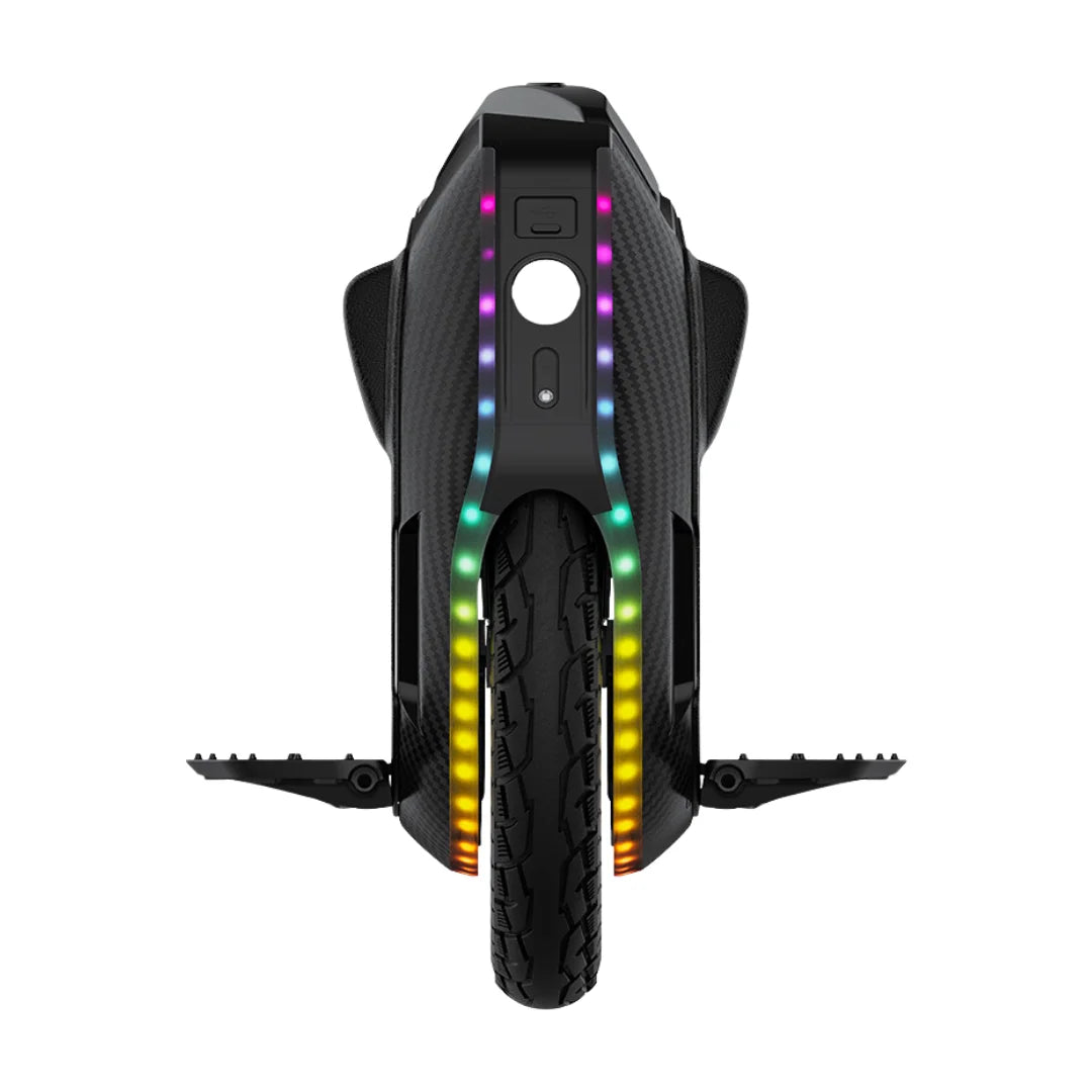 Product title: Electric Unicycle Kingsong 16x. Experience smooth rides with the sleek Kingsong 16x unicycle featuring vibrant LED lights.