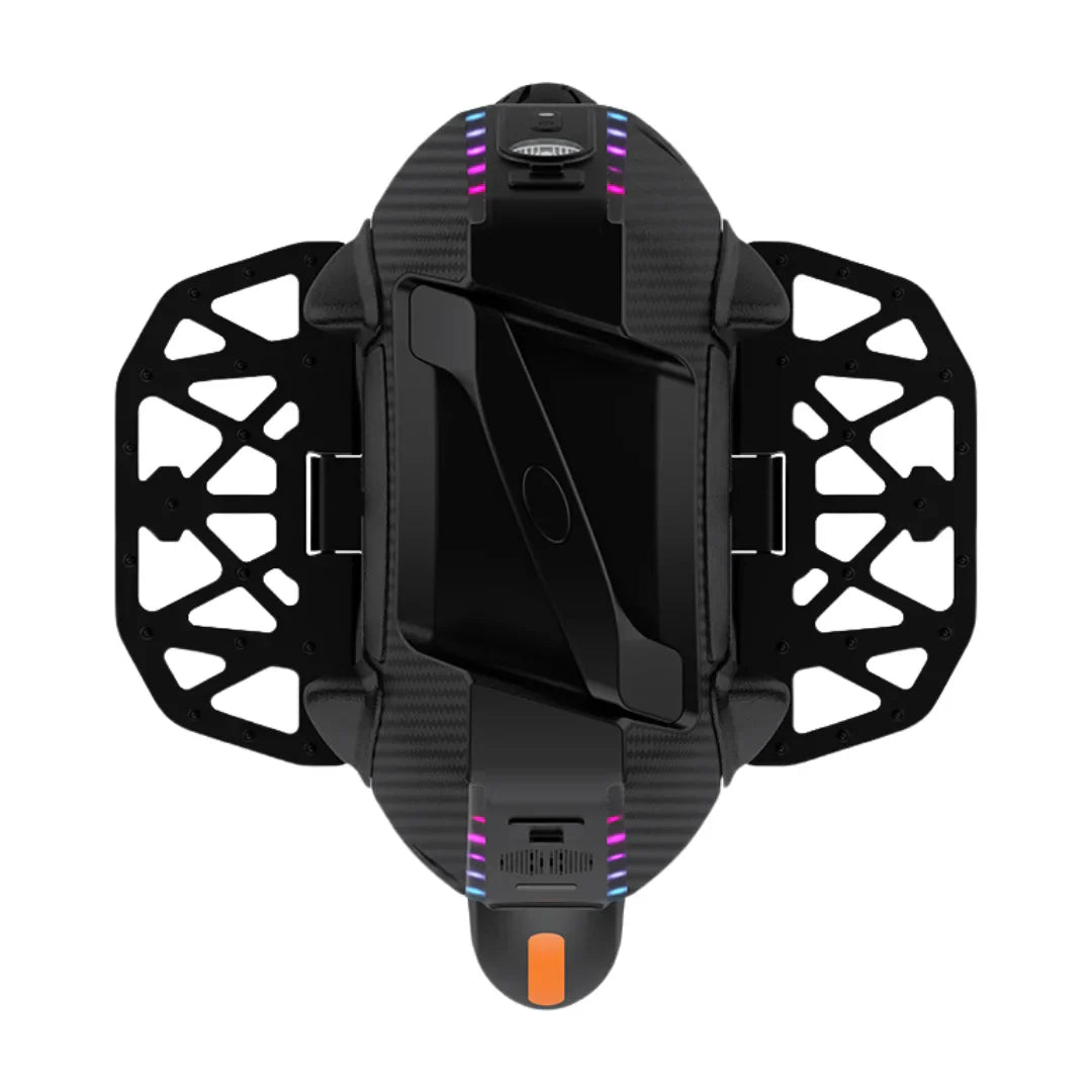 Electric Unicycle Kingsong 16x, sleek black design with vibrant LED indicators, sturdy foot platform.