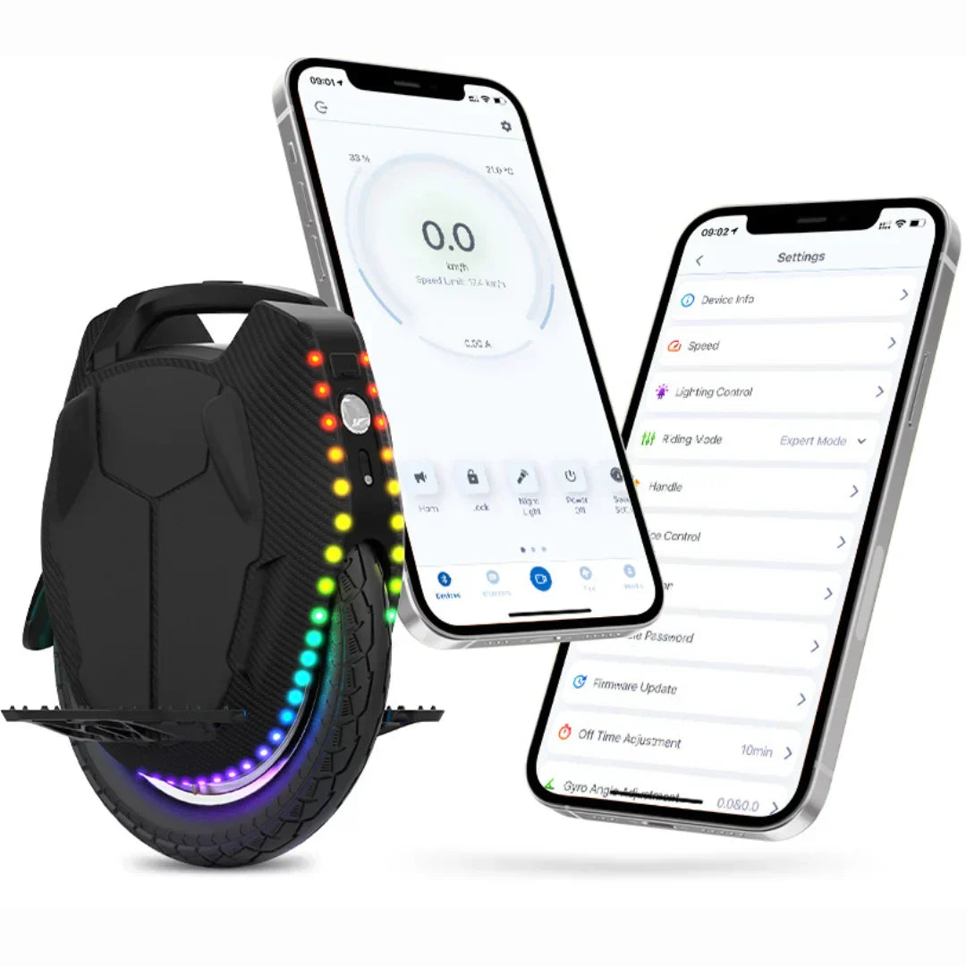 Electric unicycle KingSong 16X – app interface and unicycle with lights