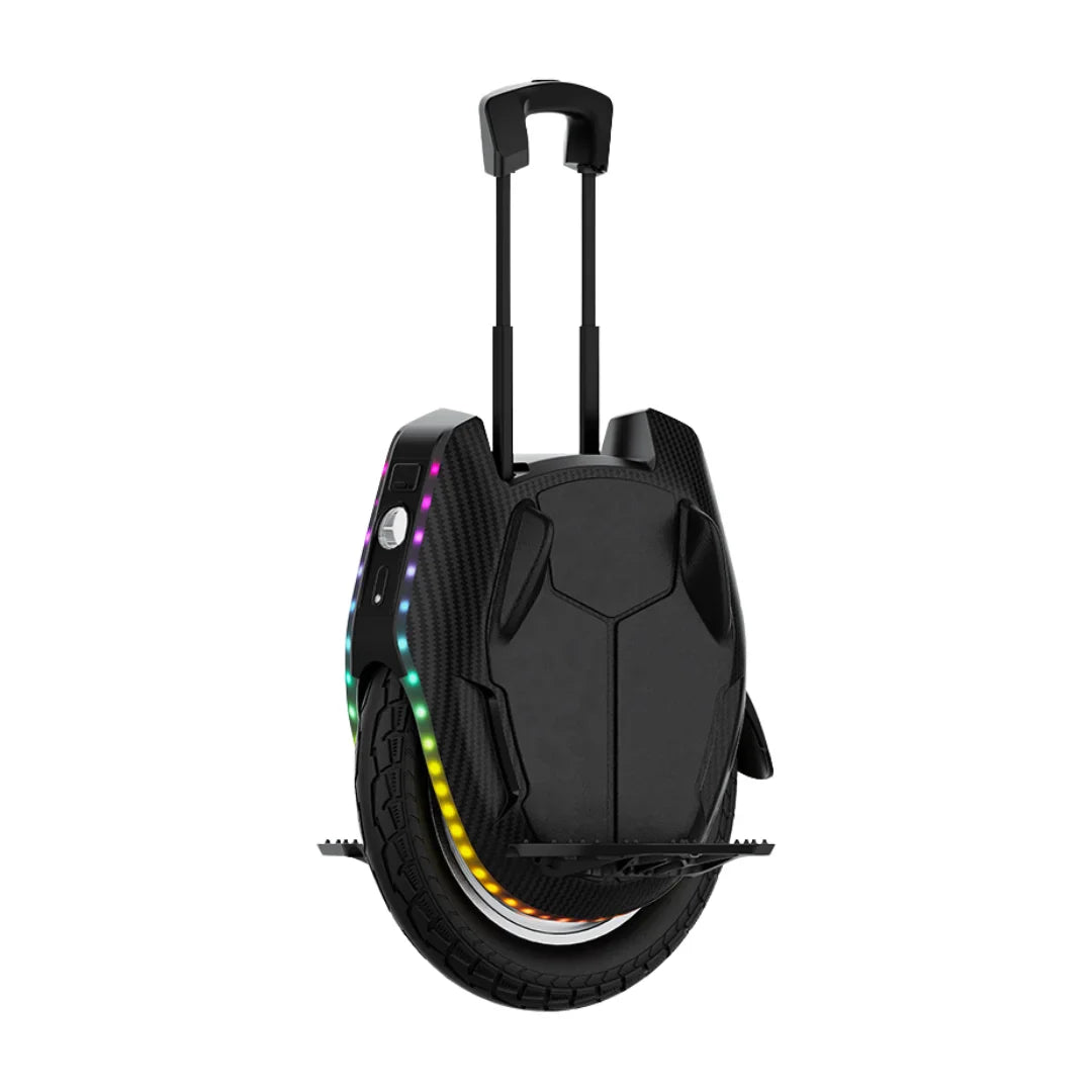Electric Unicycle Kingsong 16xs features a sleek design, retractable handle, vibrant LED lights, and robust tire.
