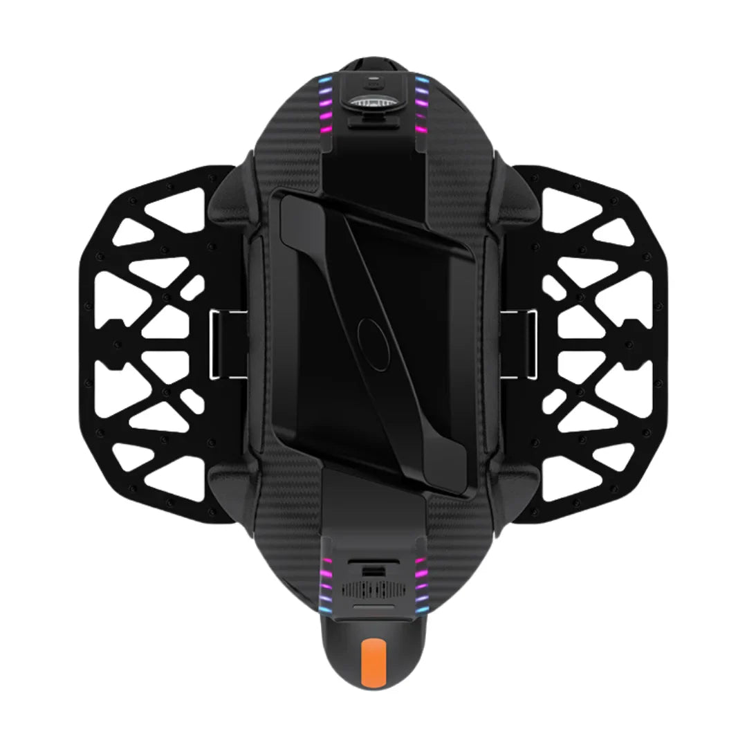 Electric Unicycle Kingsong 16xs, features a sleek black design with colorful LED lights and sturdy footrests.